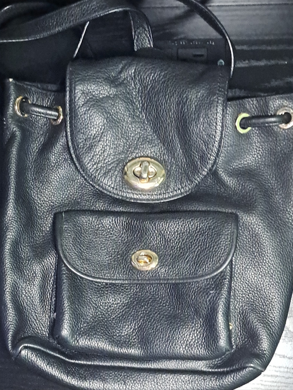 Coach Black Pebbled Leather Drawstring Backpack with Gold Hardware